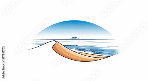 Stylized illustration of a sandy dune meeting ocean waves under a wide blue sky with a distant island