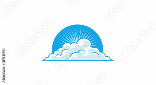 Stylized blue half-sun with radiating rays peeking behind fluffy white clouds on a clean background