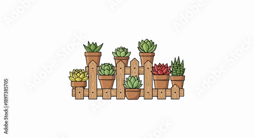 Colorful potted succulents with varying green and red hues arranged on a rustic wooden fence
