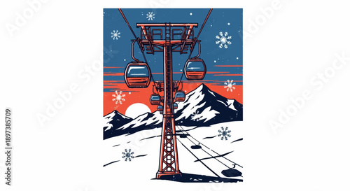 Retro-style mountain gondola at sunset, with falling snow and a textured winter landscape
