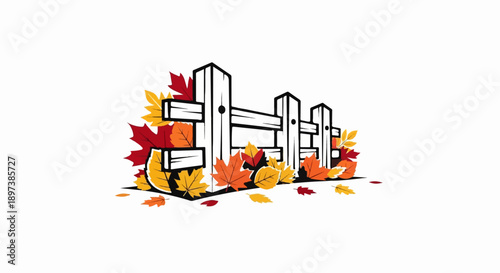 An autumn illustration features a simple wooden fence surrounded by a vibrant pile of colorful fall leaves