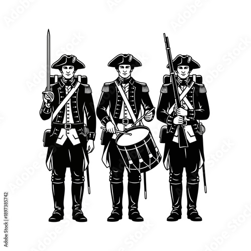Colonial Military Drummers Illustration – Historical Soldier Musicians Silhouette for Heritage & History Design