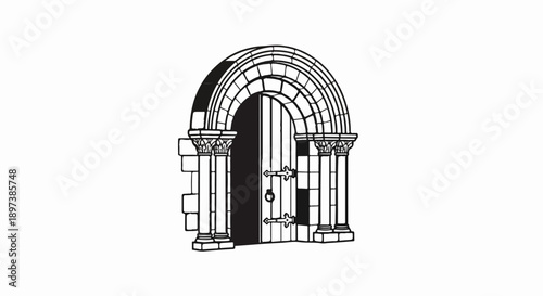 Black and white line art illustration of an ornate Romanesque archway with a heavy wooden door