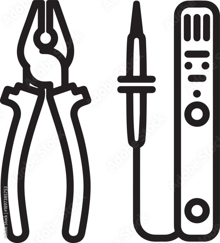 Line drawing of a soldering iron and pliers with a remote control