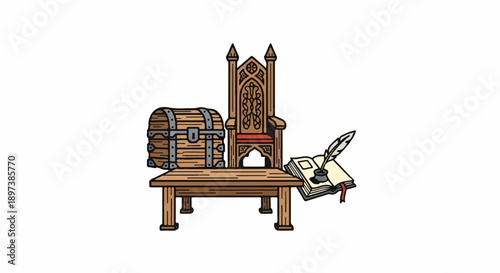 Cartoon illustration of a wooden treasure chest, ornate throne, table, open book, quill, and inkwell
