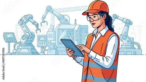 Female engineer in safety gear uses a tablet to monitor industrial robotic arms and machinery
