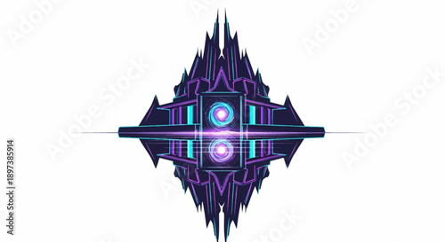 Stylized symmetrical alien structure with glowing purple and blue energy cores and sharp edges
