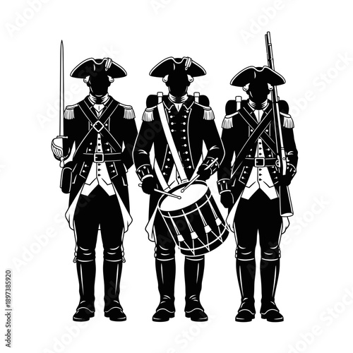 Colonial Military Drummers Illustration – Historical Soldier Musicians Silhouette for Heritage & History Design