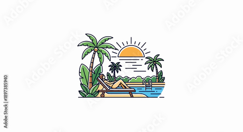 An illustration of a person relaxing on a lounge chair by a swimming pool with palm trees and a sunset