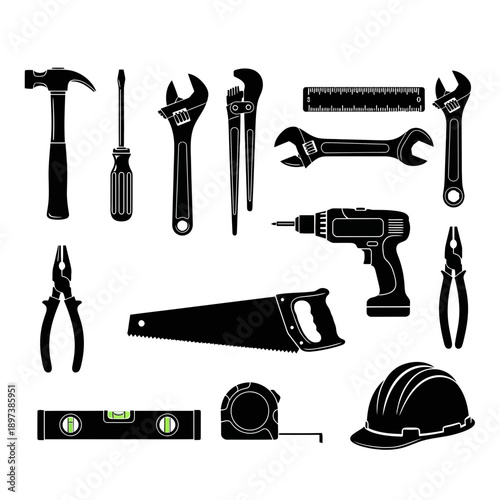 Hand Tools Icons Set – Construction, Repair & Workshop Equipment Symbols for Industrial Design