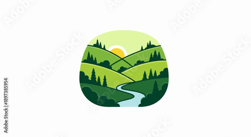 Stylized landscape with rolling green hills, evergreen trees, a winding river, and a sun in a rounded frame