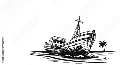 Black and white illustration of an old, abandoned shipwreck on a tropical shore with a single palm tree