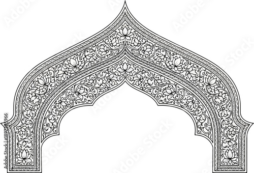 Intricate black and white decorative arch with detailed floral and vine patterns, a classic architectural element
