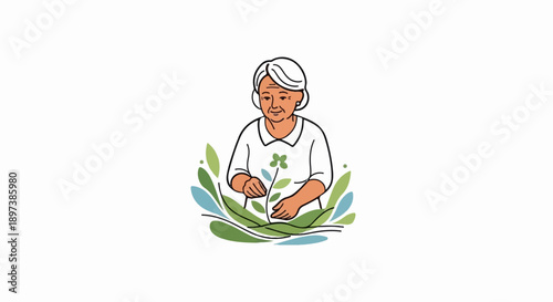 Illustration of an elderly woman with white hair, tending a small plant with green leaves, serene expression