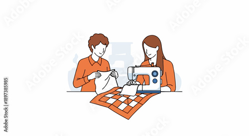 Two people, one operating a sewing machine, creating an orange and white checkered quilt