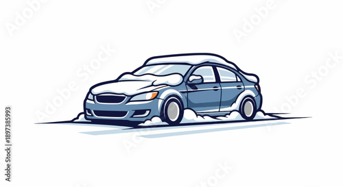 Cartoon blue sedan illustration covered in thick white snow, resting on a snowy surface, winter theme