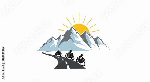 Graphic of three motorcyclists riding on a winding road towards snowy mountains with a rising sun
