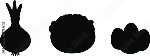 Three distinct black silhouettes of common vegetables on a clean white background, simple icons