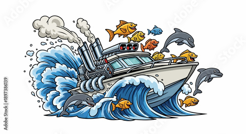 Vibrant cartoon of a speed boat with multiple exhaust pipes, surrounded by happy fish and dolphins in choppy waves
