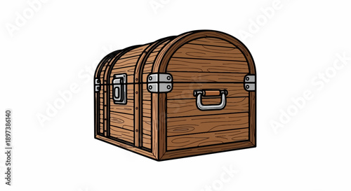 Cartoon-style wooden treasure chest with metal latches and handles, depicted on a clean white background