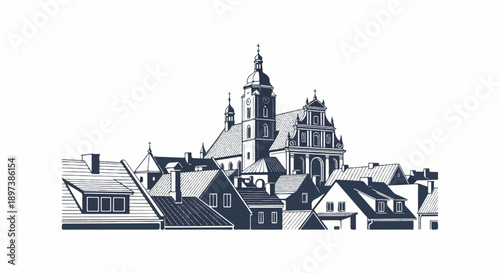 Detailed monochrome illustration of a classic European town with a grand church dominating the skyline