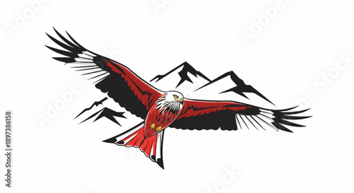 Stylized red and black bird of prey soaring majestically against a backdrop of black mountains on white