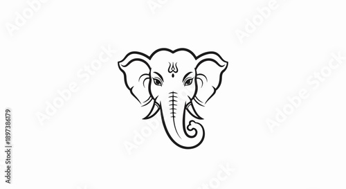 Stylized black line art illustration of an elephant head with intricate details and a curled trunk