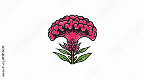 Vibrant stylized illustration of a pink cockscomb-like flower with a textured, ruffled bloom and green leaves