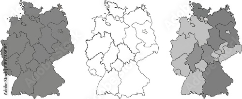 Grayscale comparison of Germany's administrative regions with a solid fill, outline, and shaded areas