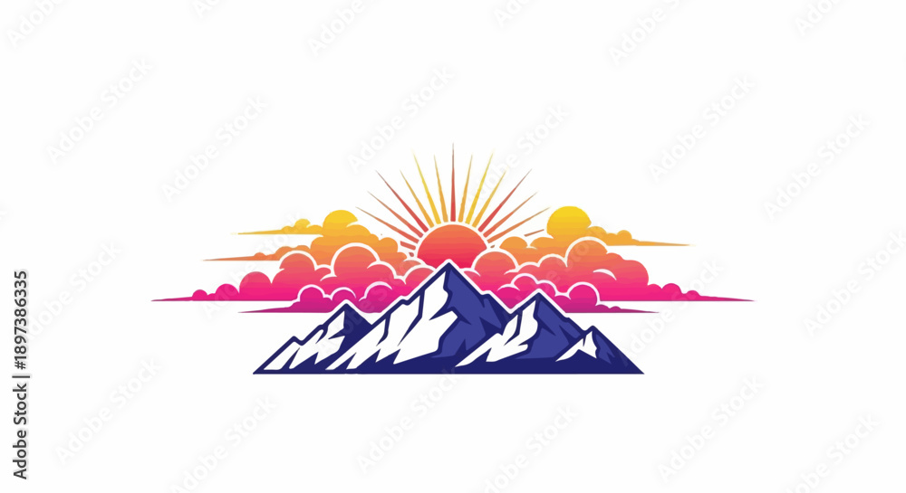 Obraz premium Stylized mountain range with snow-capped peaks under a vibrant sunrise sky, featuring colorful gradient clouds