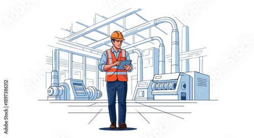 Male worker in safety gear using a tablet in an industrial facility with large machinery