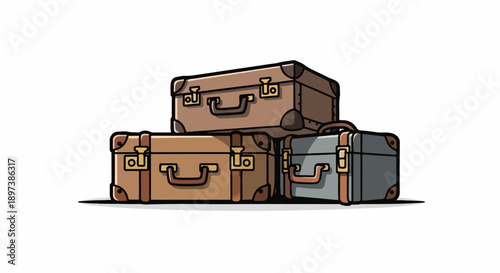 Three stacked vintage-style suitcases, two brown and one grey, on a white background, ready for travel