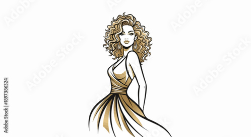 Stylized illustration of a woman with curly hair and an elegant gold dress looking over her shoulder