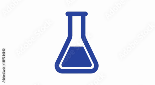 Simple blue icon of an Erlenmeyer flask with blue liquid, on a plain white background