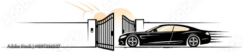 Black sports car speeds through an open metal gate with a stylized sun in the background, illustration