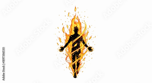 Black human silhouette engulfed in vibrant orange and yellow flames, radiating intense energy