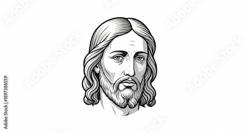 Monochrome illustration of a man's head with long wavy hair and a full beard, stylized graphic