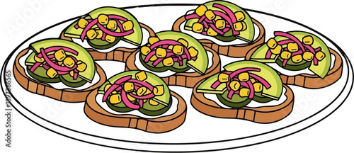 An illustration of seven individual avocado toasts on a white plate, topped with corn and red onion