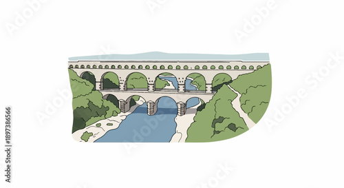 Illustration of an ancient-style stone bridge with multiple arches over a river, surrounded by green hills