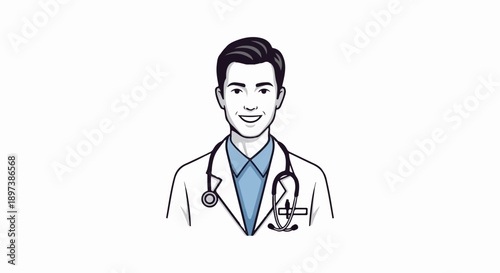 Smiling male doctor illustration in white lab coat and blue shirt with a stethoscope, looking friendly