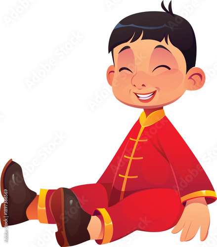 Chinese Lunar New Year kid, Asian holiday character. Smiling boy in red and gold traditional Chinese costume with black shoes sits cheerfully on the floor. Cartoon vector personage for children's book
