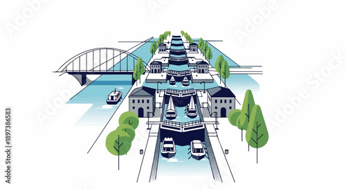 An isometric illustration of a canal with multiple locks, boats, waterside buildings, and trees