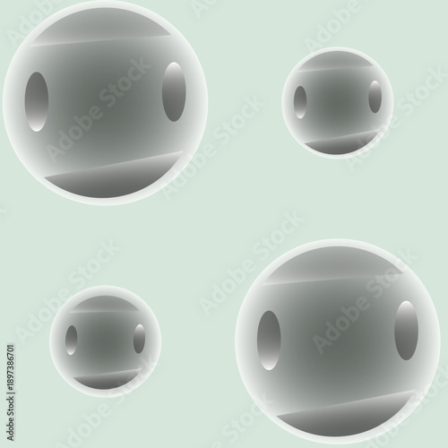 Abstract Metallic Spheres with Stylized Faces on Pale Green Background