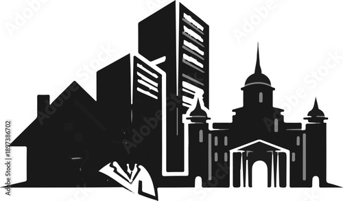 Stylized silhouette of a diverse cityscape featuring residential, commercial, and classical architectural structures