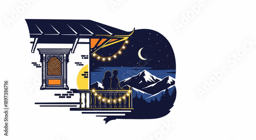 Couple on balcony with string lights admiring a starry mountain night scene. Romantic outdoor view