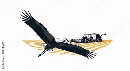 Stork flying over a golden striped field, with a tractor and combine harvester in the background