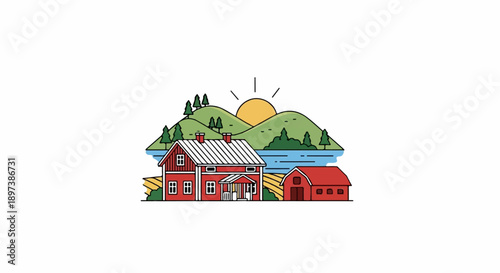 An illustration of a red farmhouse and barn by a lake, surrounded by green hills, trees, and sunset