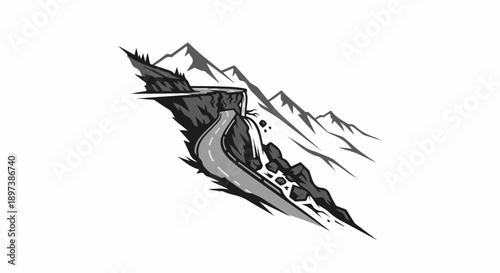 Grayscale illustration of a winding mountain road on a cliff next to a waterfall, with peaks in the background