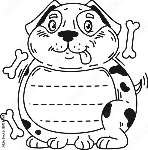 Kids memo note frame of cartoon smiling dog with big eyes and wagging tail. Vector black and white template of cute puppy dog character with round belly made as memo note frame surrounded by bones
