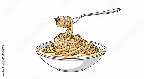 Close-up cartoon of a fork lifting cheesy pasta noodles from a full white bowl on a white background